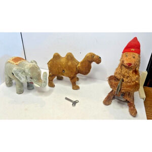 Vintage Elephant Camel Money Wind Up Toys w Key - Mohair - 2 Working 1 Parts/Rep
